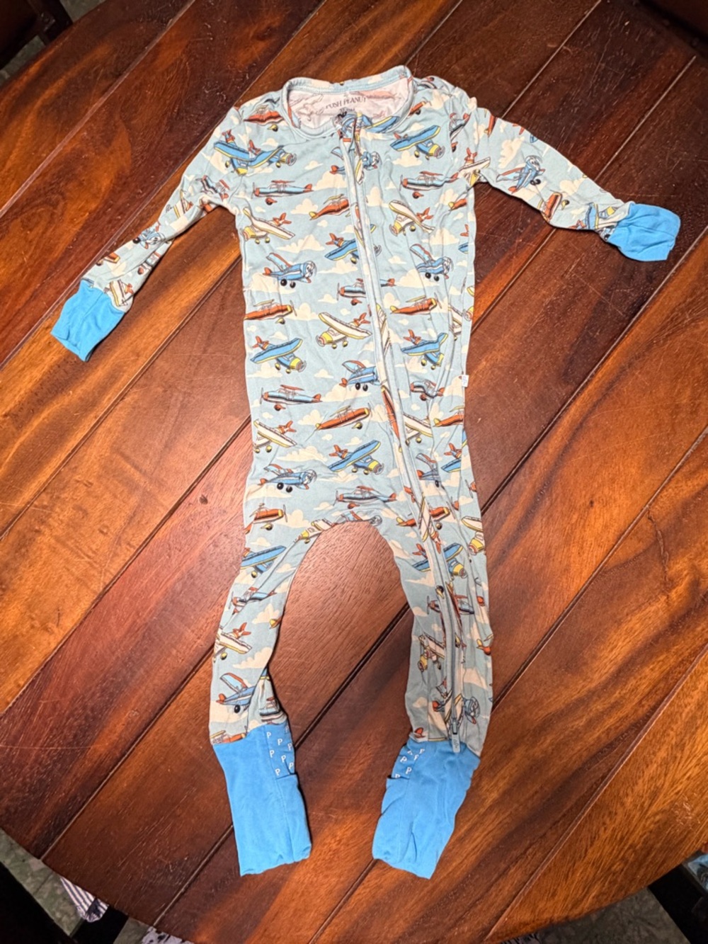 Posh Peanut Airplane Print Footed One-Piece - Light Blue & Blue Accents